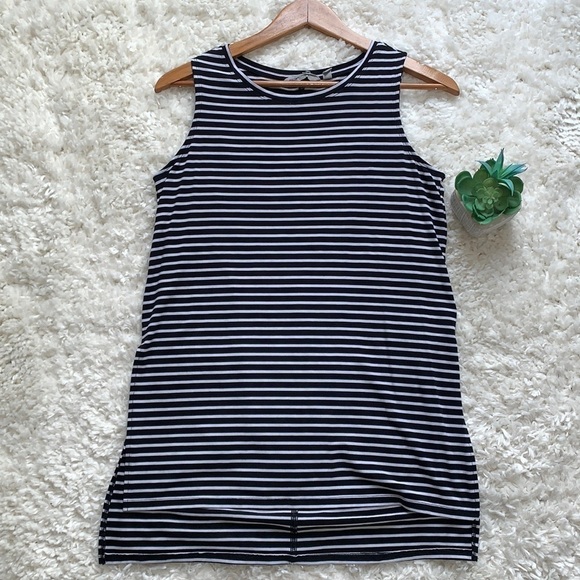 Athleta Side Split Tunic Tank Black White Striped Hi Low Crew Neck Top - Picture 3 of 7